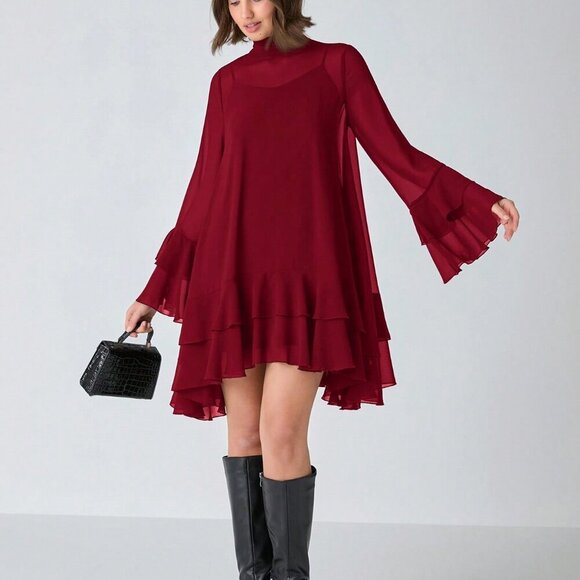 Burgundy Elegant Women's Stand Collar Long Sleeve flowy Short ruffled hem Dress - Picture 2 of 8